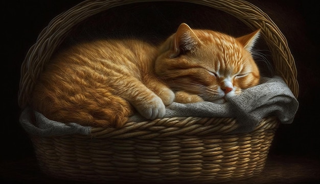 Un gato en una cesta duerme sobre una manta.