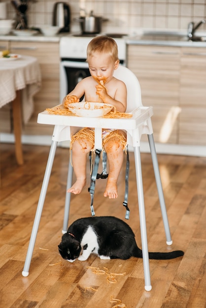 Foto gratuita gato comiendo pasta del suelo tirada por baby boy