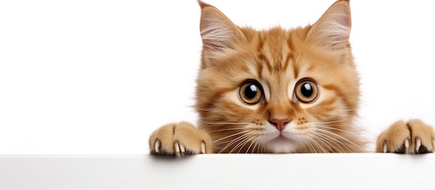 Foto gratuita un gato curioso mirando desde detrás de un telón de fondo blanco
