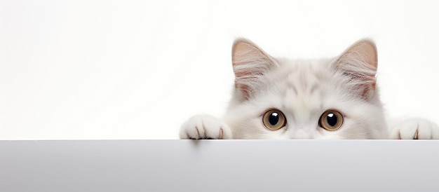 Foto gratuita un gato curioso mirando desde detrás de un telón de fondo blanco