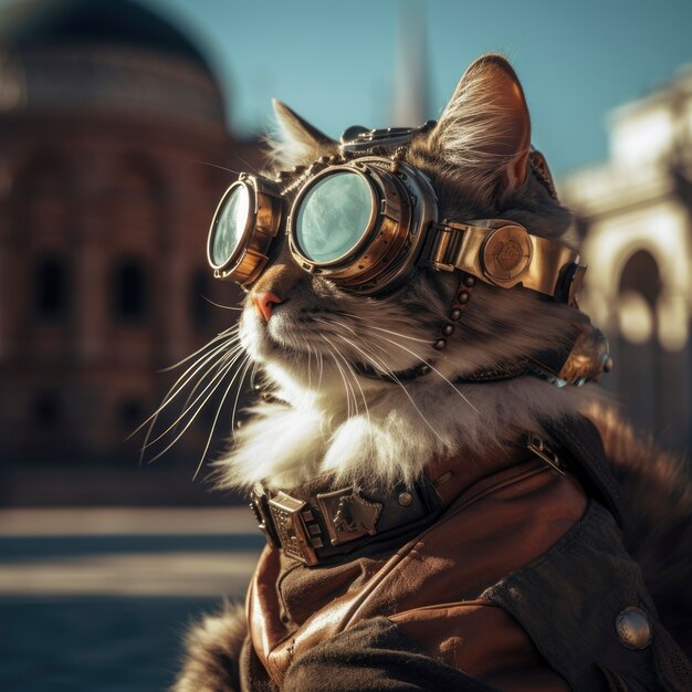 Gato futurista con gafas de protección