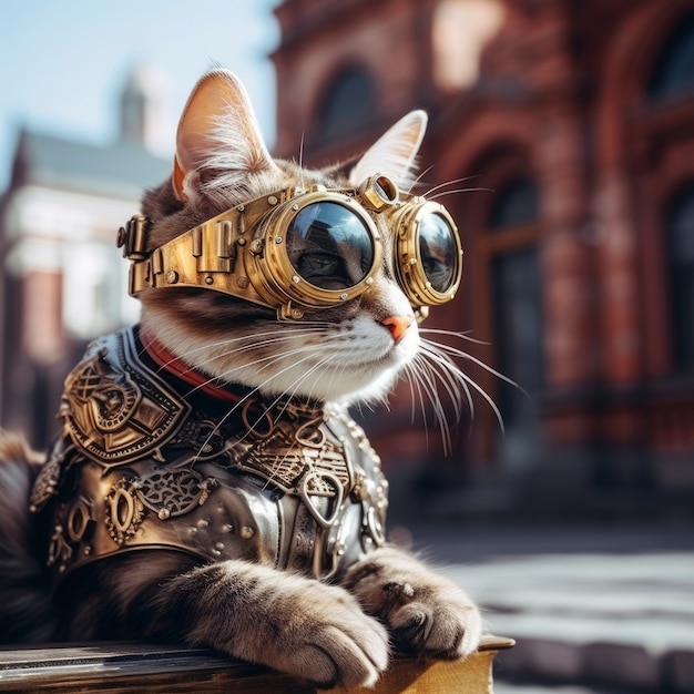 Gato futurista con gafas de protección