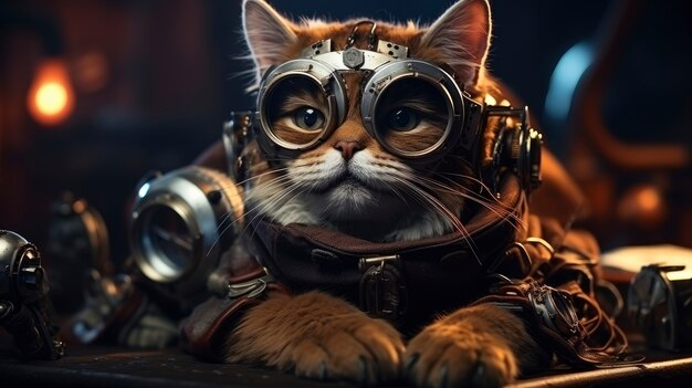 Gato futurista con gafas de protección