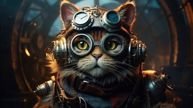 Gato futurista con gafas de protección