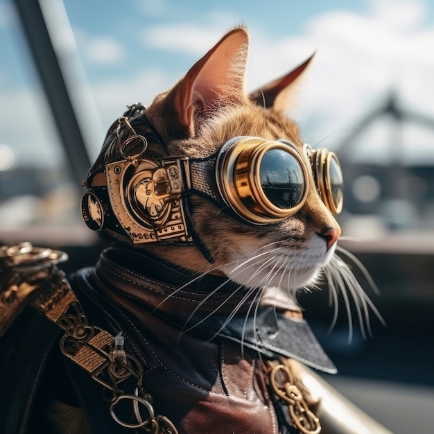 Gato futurista con gafas de protección