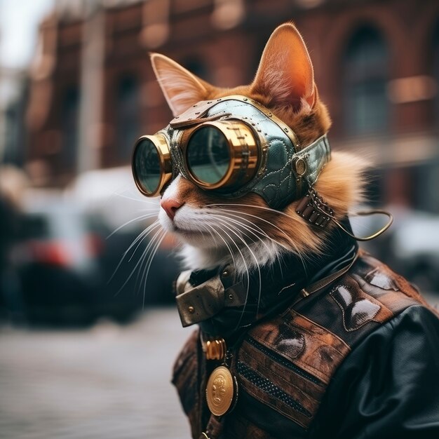 Gato futurista con gafas de protección