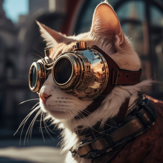 Gato futurista con gafas de protección