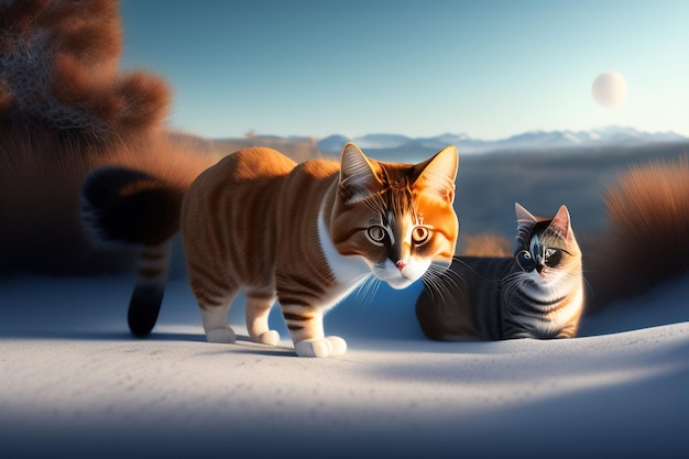 Un gato y un gato caminan en la nieve.