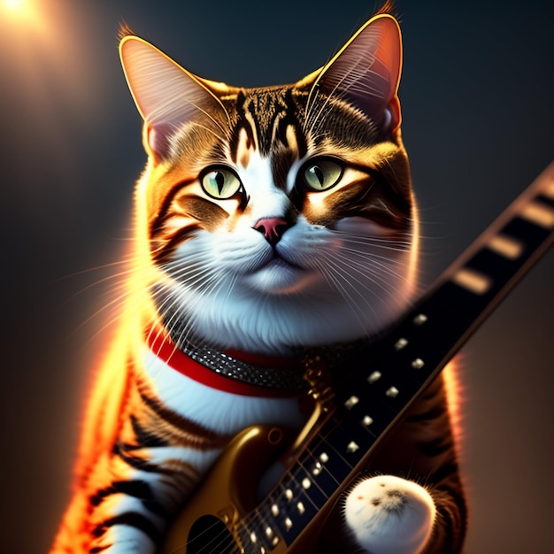 Un gato con una guitarra y una pelota encima.