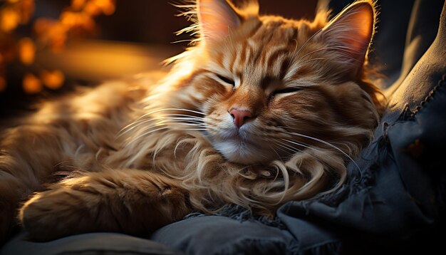 Gato lindo durmiendo pelaje suave bigotes descansando belleza de la naturaleza generada por inteligencia artificial