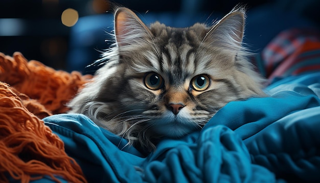 Gato lindo con ojos azules pelaje esponjoso y naturaleza lúdica generada por inteligencia artificial