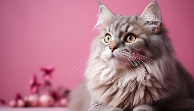 Foto gratuita gato lindo con pelaje esponjoso mirando a la cámara sentado juguetón generado por la inteligencia artificial