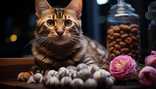 Foto gratuita gato lindo sentado en la mesa mirando con curiosidad lúdica generada por la inteligencia artificial