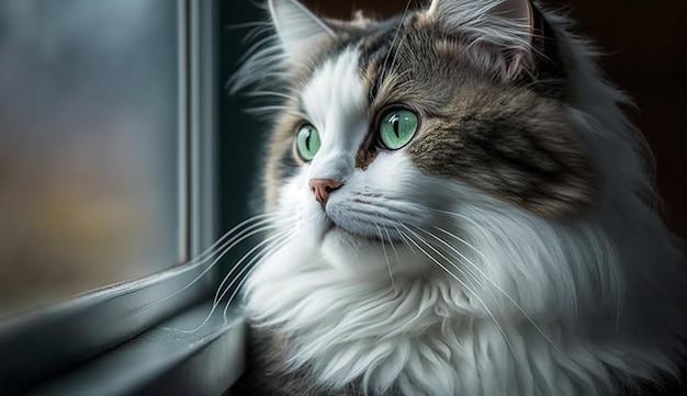 Un gato mirando por la ventana con ojos verdes.