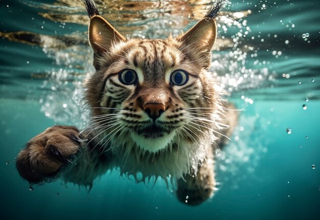 Gato montés aterrador en el agua