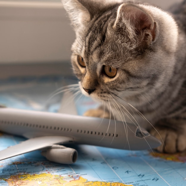 Gato sentado en un mapa con un juguete de avión