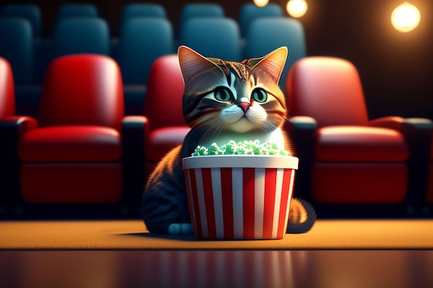 Un gato se sienta frente a una sala de cine con un balde de palomitas de maíz frente a él.