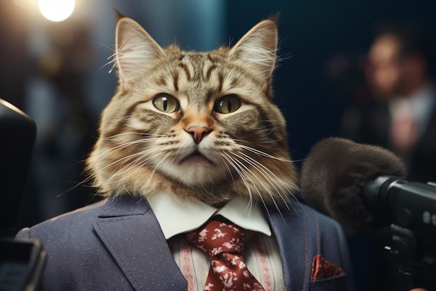 Un gato en un traje siendo entrevistado por políticos serios