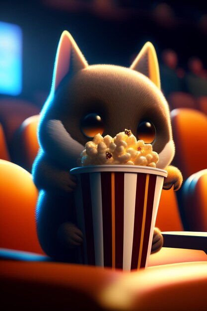 Un gato viendo una película con palomitas de maíz frente a él.