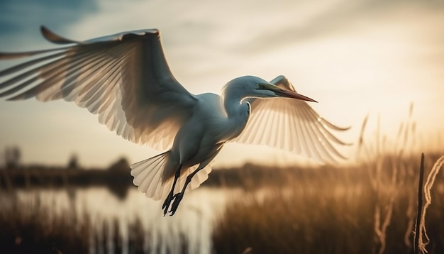 Foto gratuita la gaviota con las alas extendidas toma vuelo en el tranquilo reflejo del atardecer generado por ia