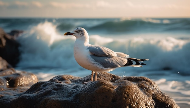 Foto gratuita gaviota argéntea volando sobre la tranquila belleza del paisaje marino generada por ia