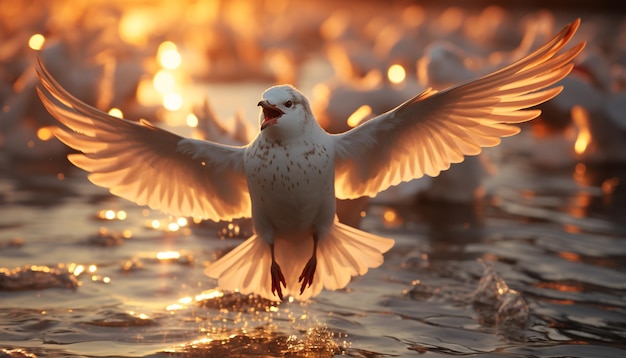 Foto gratuita la gaviota extiende las alas símbolo de la paz volando en una tranquila puesta de sol generada por la inteligencia artificial