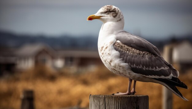 Gaviota posada en un embarcadero con vistas a aguas tranquilas generadas por IA