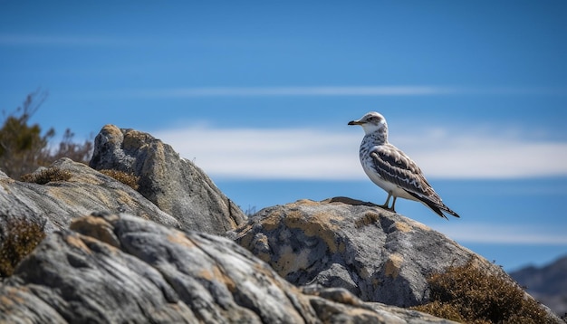 Foto gratuita gaviota posada en una roca disfrutando de la libertad en un paisaje marino tranquilo generado por la inteligencia artificial