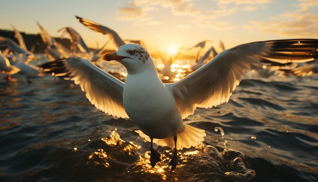 Foto gratuita la gaviota volando libremente con las alas extendidas refleja la belleza de la naturaleza generada por la inteligencia artificial