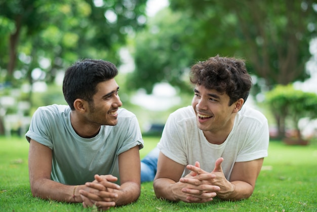 Gays alegres charlando y riendo mientras yacen en el pasto