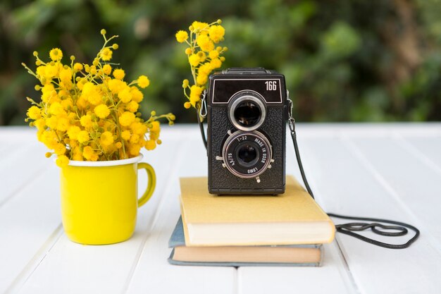 Genial composición con flores, cámara retro y libros