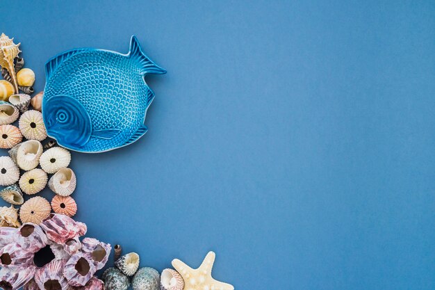 Genial composición con pez azul y conchas de erizos de mar