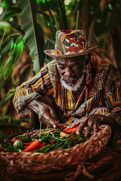 Foto gratuita gente africana fotorrealista cosechando diversas verduras y granos