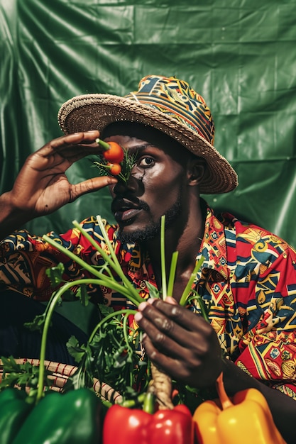 Foto gratuita gente africana fotorrealista cosechando diversas verduras y granos