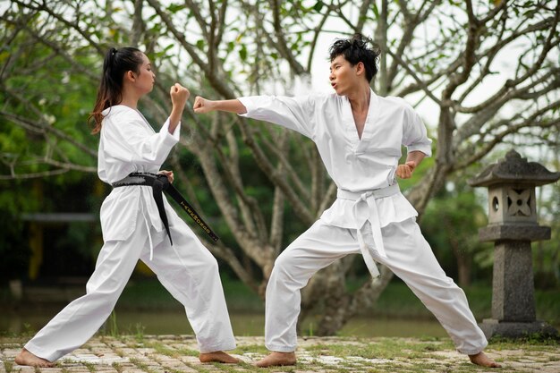 Gente al aire libre en la naturaleza entrenando para taekwondo
