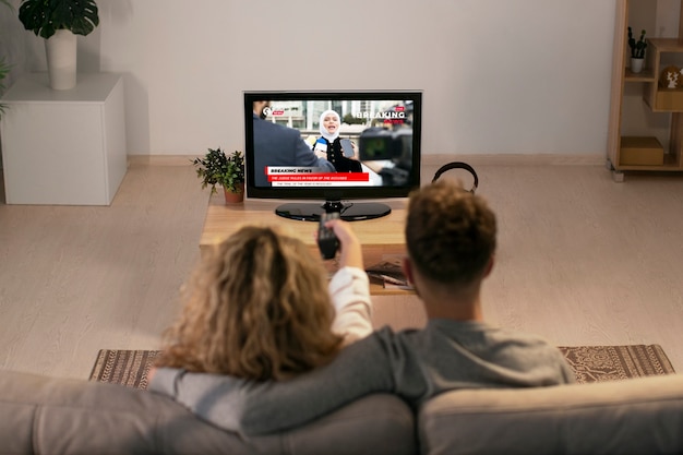 Gente de alto ángulo viendo noticias en la televisión