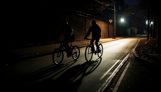 Gente andando en bicicleta por la noche en la calle.