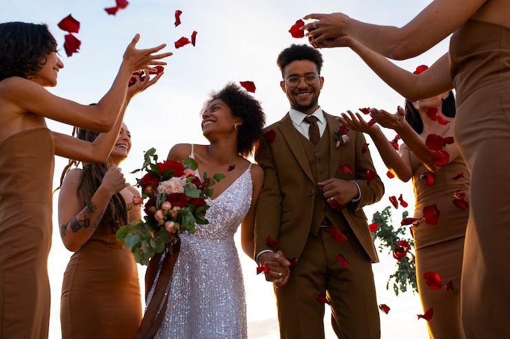 Foto gratuito gente con un ángulo bajo celebrando una boda en la naturaleza