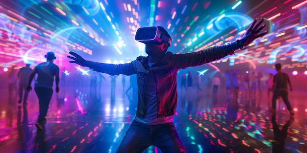 Gente bailando en una fiesta inmersiva con auriculares de realidad virtual y colores de neón brillantes