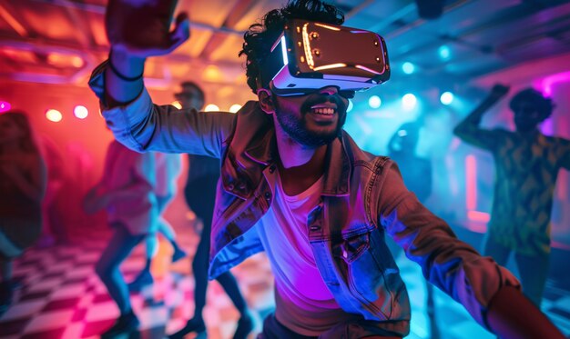 Gente bailando en una fiesta inmersiva con auriculares de realidad virtual y colores de neón brillantes