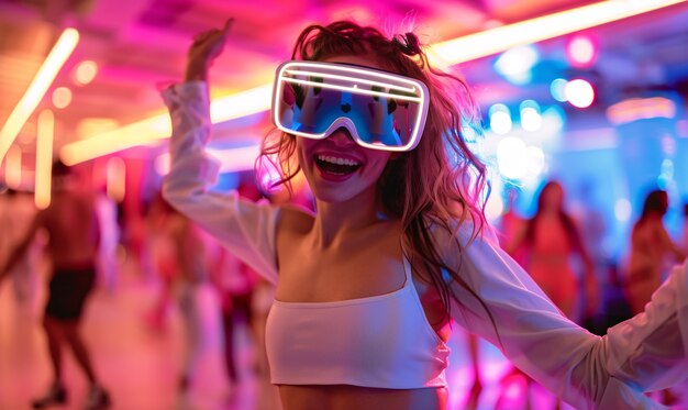 Foto gratuita gente bailando en una fiesta inmersiva con auriculares de realidad virtual y colores de neón brillantes