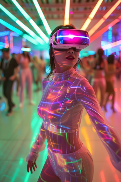 Foto gratuita gente bailando en una fiesta inmersiva con auriculares de realidad virtual y colores de neón brillantes