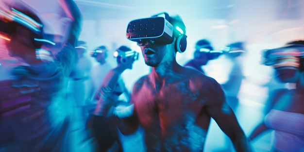 Foto gratuita gente bailando en una fiesta inmersiva con auriculares de realidad virtual y colores de neón brillantes