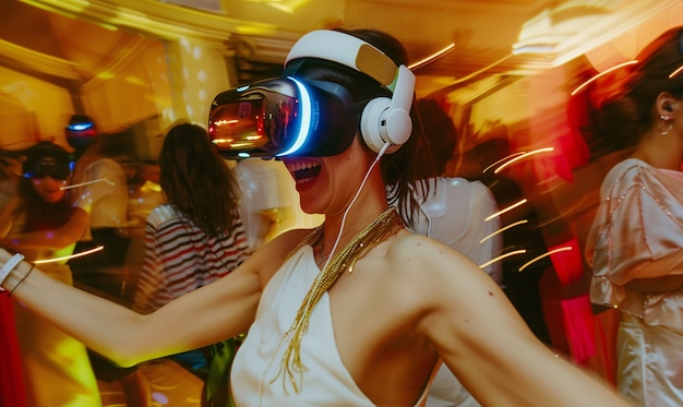 Foto gratuita gente bailando en una fiesta inmersiva con auriculares de realidad virtual y colores de neón brillantes