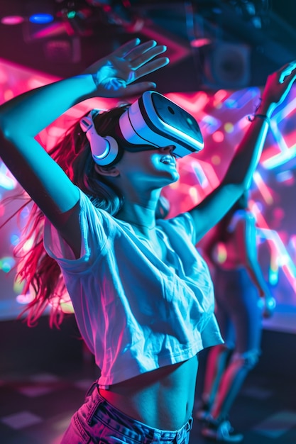 Foto gratuita gente bailando rodeada de luces de neón brillantes en una fiesta con auriculares de realidad virtual