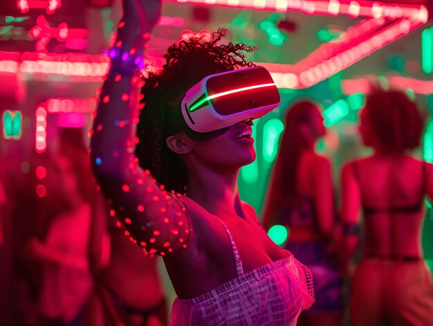 Gente bailando rodeada de luces de neón brillantes en una fiesta con auriculares de realidad virtual