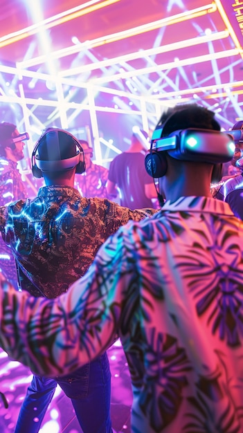 Foto gratuita gente bailando rodeada de luces de neón brillantes en una fiesta con auriculares de realidad virtual