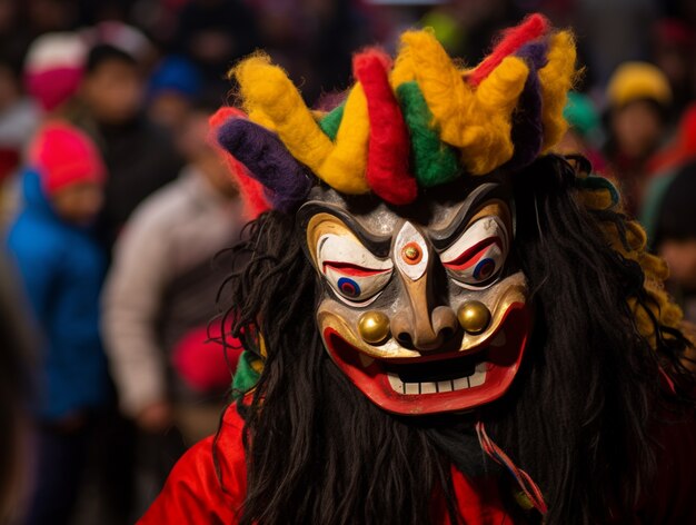 Gente celebrando la víspera de año nuevo con máscaras tradicionales.