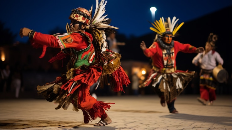 Foto gratuito gente celebrando la víspera de año nuevo con trajes y bailes tradicionales.