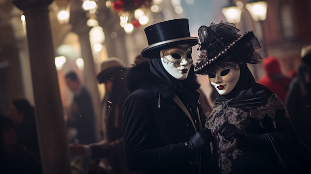 Gente celebrando la víspera de año nuevo en Venecia con máscaras.